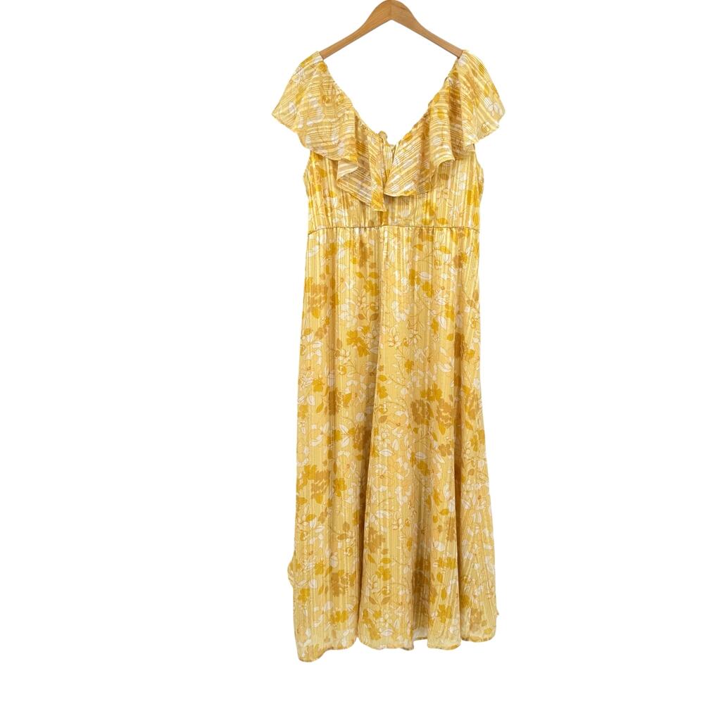 Eloquii Golden Yellow Floral Metallic Stripe Ruffle Sleeveless Maxi Dress - Picture 10 of 13